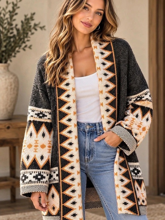 BiBi Sweaters - Bibi Women's Geometric Cardigan Black & Orange (101010)